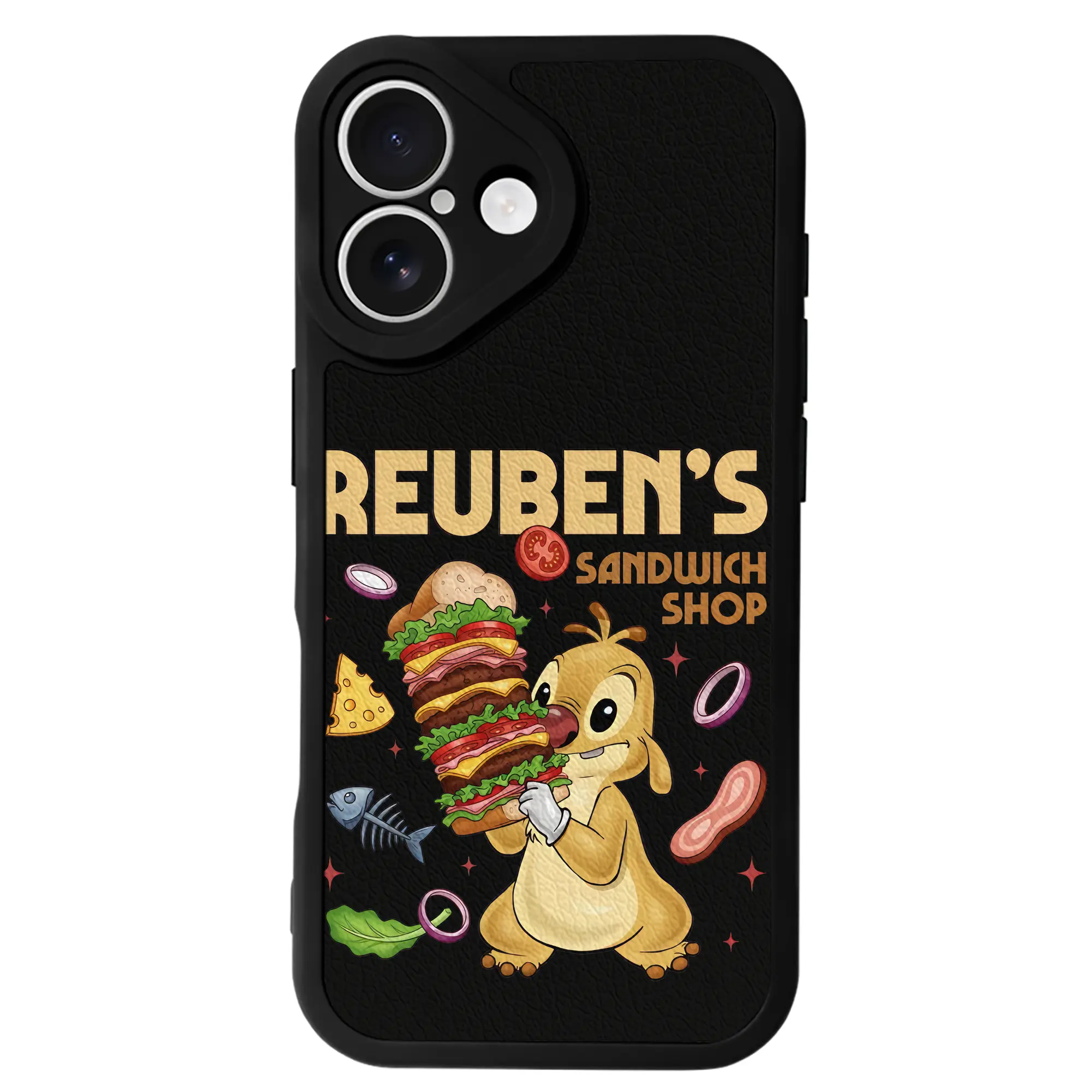 リロ＆スティッチ グッズ ルーベン - IPhone 16シリーズ対応 ・ シリコンスマホケース ・ レザー調 ・ 高精度フィット ・ 耐衝撃 ・ ワイヤレス充電対応 ・ 精密カット